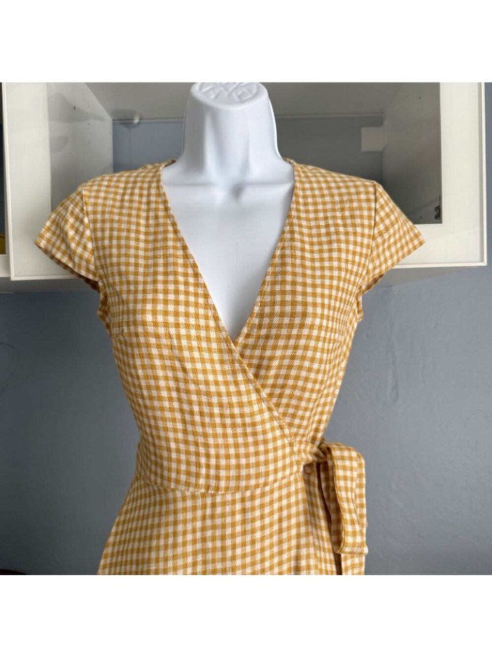 & Other Stories Gingham Check Linen Maxi Midi Wrap Dress Mustard Yellow White - Picture 3 of 10